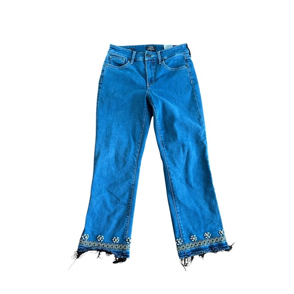 NYDJ for Chico's Denim - NYDJ for Chicos Straight Leg Jeans Blue Embellished Frayed Hem Sz 6 Medium Wash